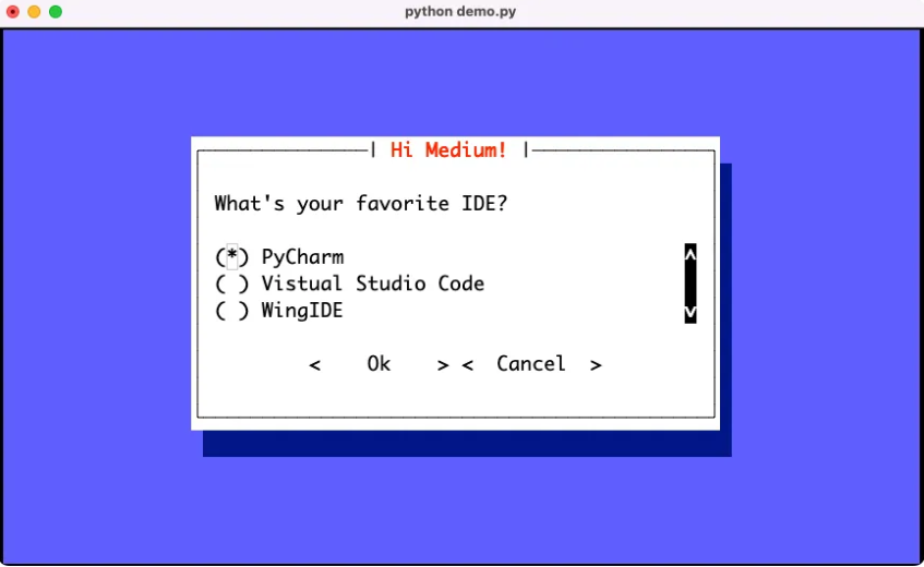 Un diálogo de lista de opciones en la terminal
